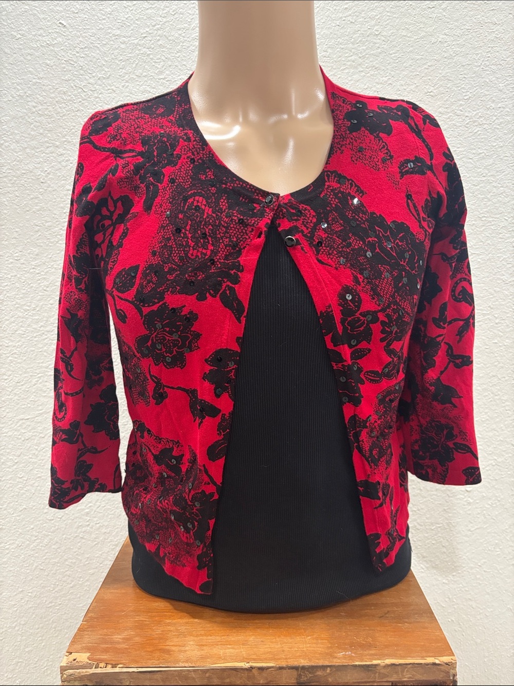 Style & Co. Petite Red and Black Floral Sequin Print Cover Up Sz P/S
